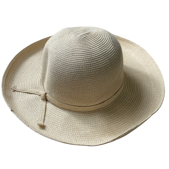 Talbots Straw Sun Hat Wide Upturned Brim Tan Natural Beige Ribbon Headband - Picture 6 of 6
